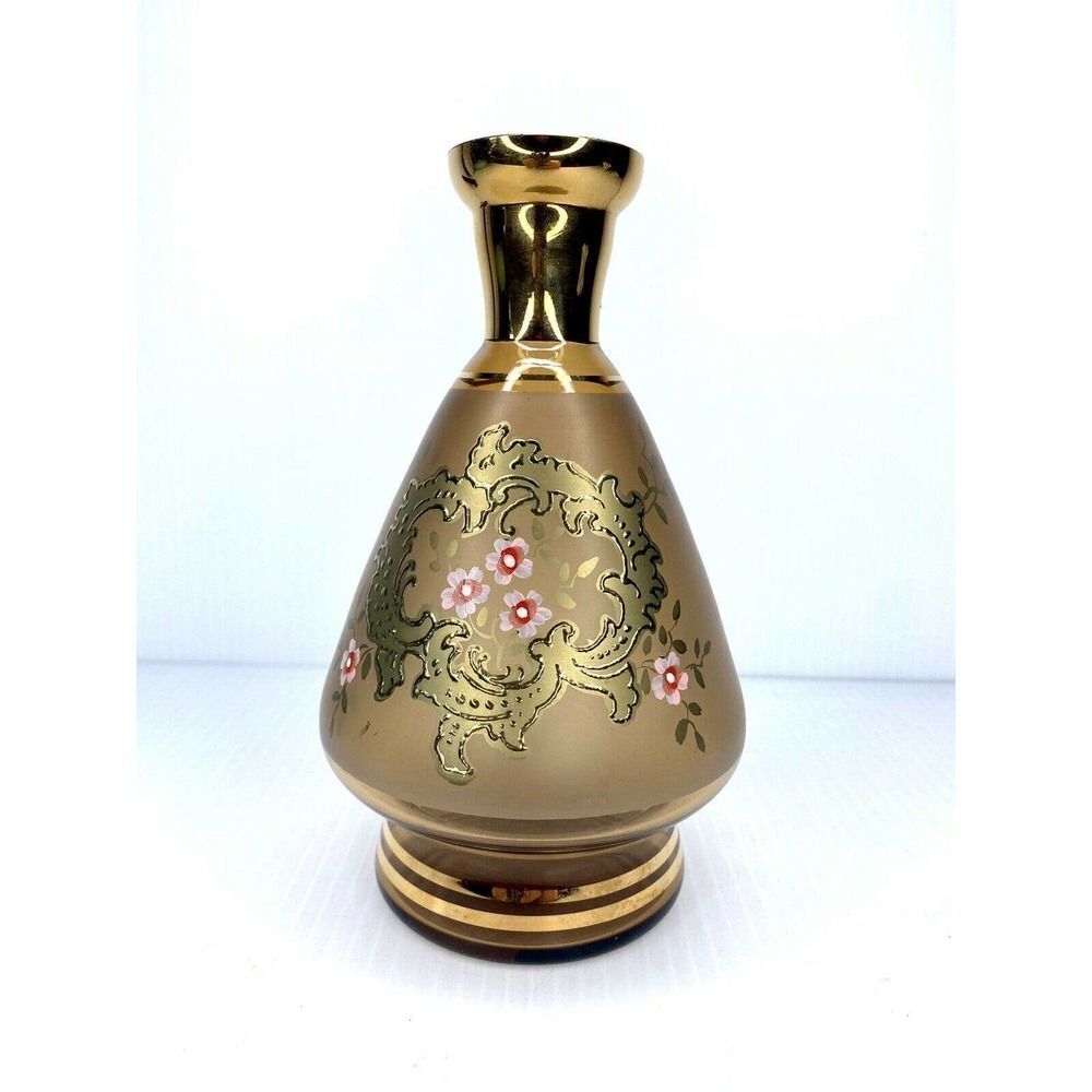 Beautifully Hand Painted Pink Floral Frosted Bohemian Wine Decanter Gold Trim